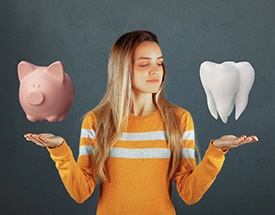 woman with tooth and piggy bank cosmetic dentistry Cumming 