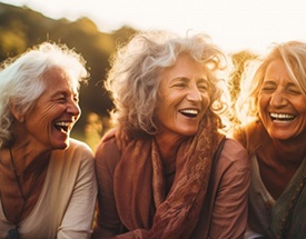 a group of mature friends smiling and talking