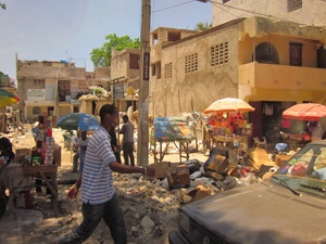 Downtown area with people walking around